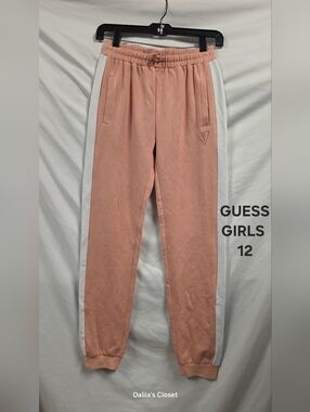 GUESS Girls Pink Jogger Pants with White Side Stripes - Size 12